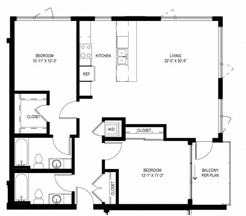 Floor plan for 2 beds, 2 baths, 1130 sqft
